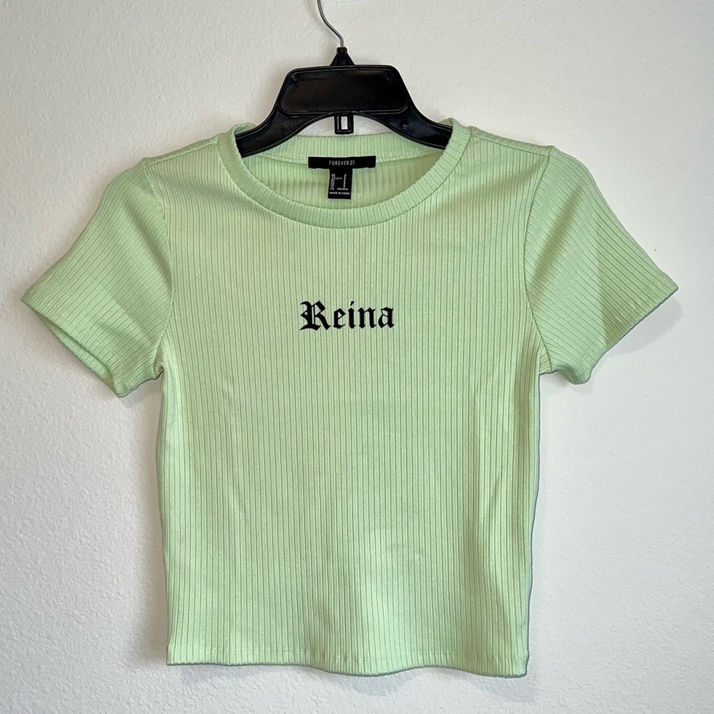 Forever 21 “Reina” Graphic Tee Crop Top Lime Green Black Size Small NWT